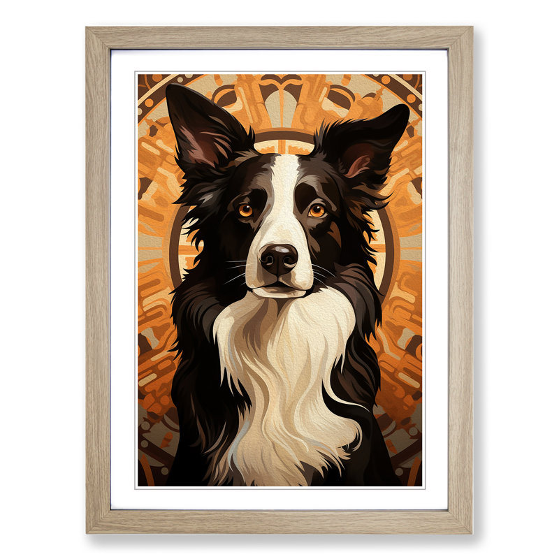 Border Collie Deco No.3 - Single Picture Frame Print on Wood, 46cm H x 34cm W x 2cm D, Oak