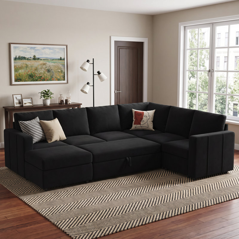 Canapé-lit modulaire coulissant avec repose-pieds Seybert, Velours noir