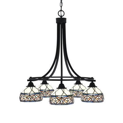 Paramount 5 Light Downlight Chandelier Shown In Matte Black Finish With 7" Royal Merlot Art Glass