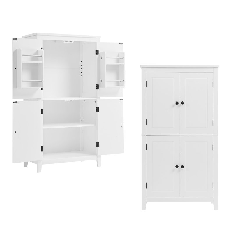 Armoire de rangement autoportante pour salle de bain avec tablettes réglables et 4 portes, Blanc