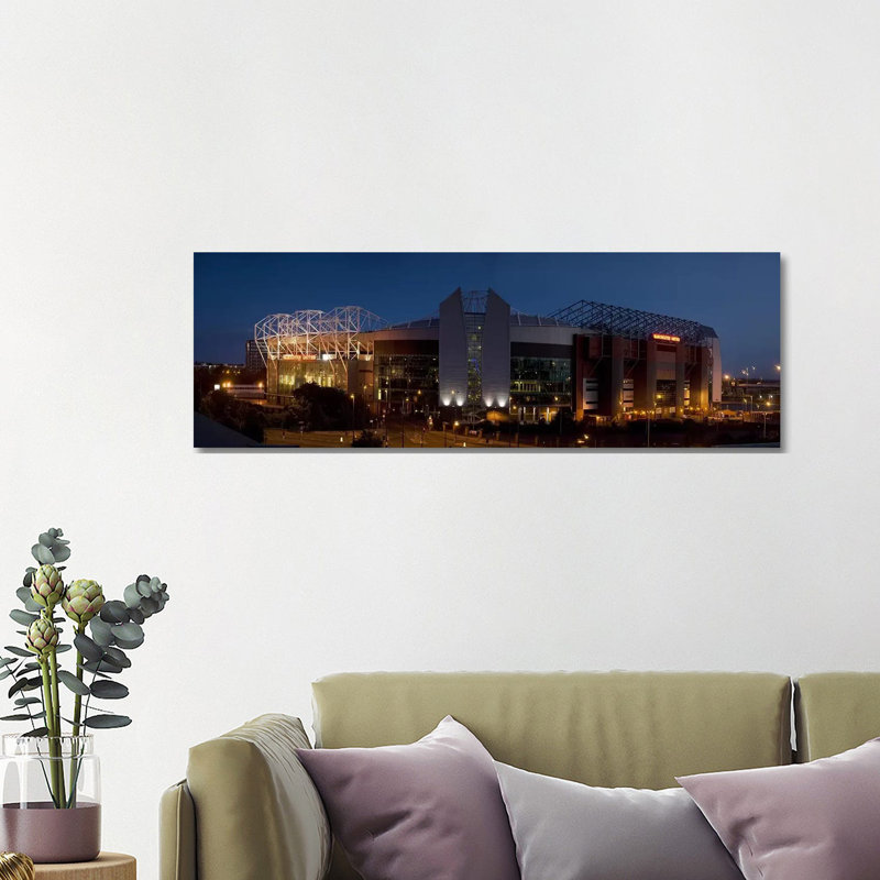Football Stadium Lit Up At Night, Old Trafford, Greater Manchester, England - Wrapped Canvas Panoramic Print