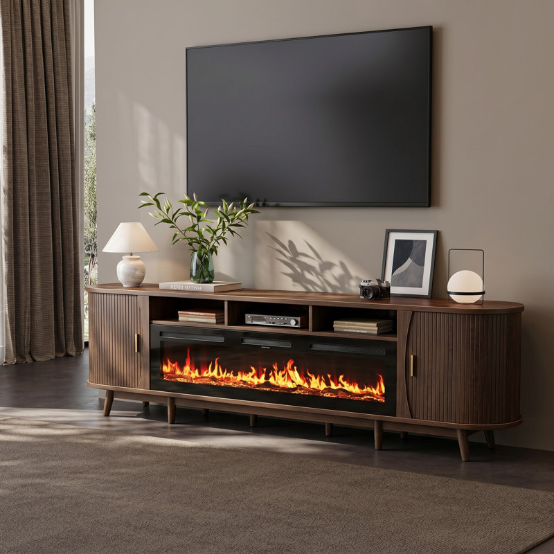 97"W Modern TV Stand With 60" Electric Fireplace For Tvs Up To 100", Tambour Door Media Console Cabinet, Fluted Entertainment Center