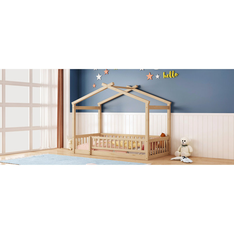 Twin Size Wood House Bed With Fence - Natural Pinewood For ' Fun Frame & Comfortable Space, Twin, Natural