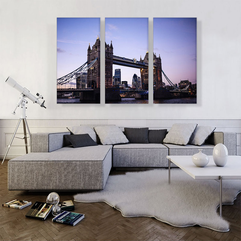 Tower Bridge London England - ensemble de 3 reproductions de photos sur toiles tendues, H 40 po x l 60 po x 1,5 po