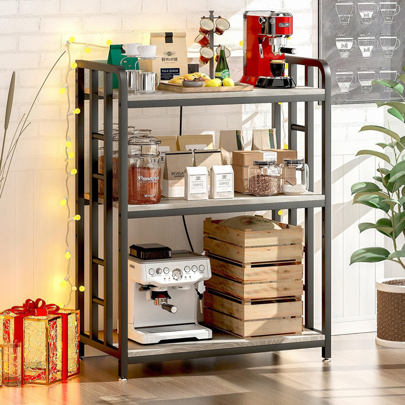Étagère de boulanger avec prise électrique, chariot à micro-ondes réglable à 3 niveaux, support pour micro-ondes avec rangement, étagère à épices, roulettes verrouillables, coin café (gris igname)