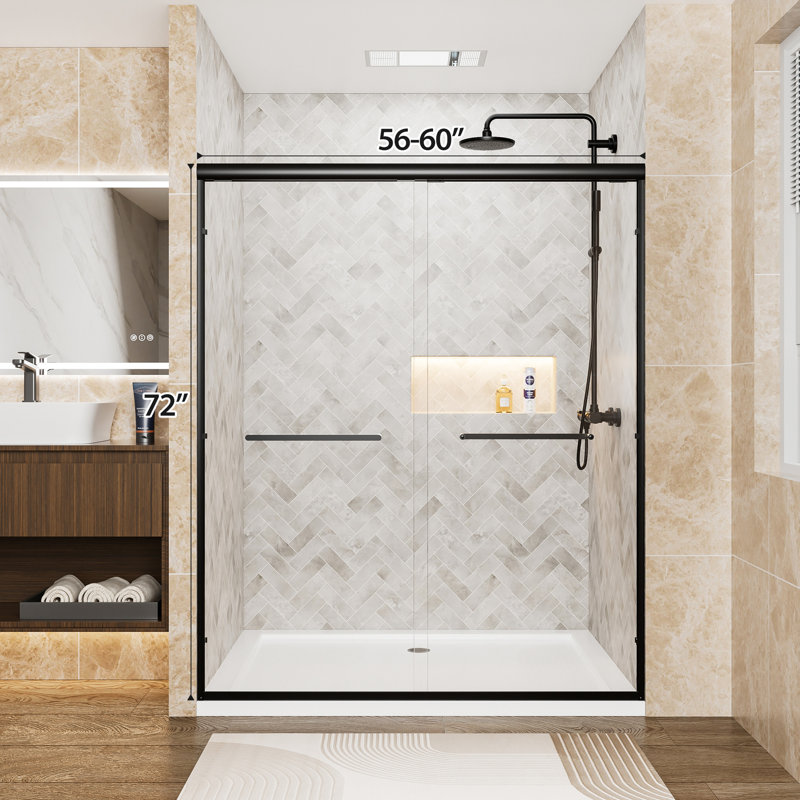 72" Tall 60" Wide Double Sliding Shower Door, 1/4"  6Mm  Clear Tempered Glass, Matte Black Aluminum Frame, Stainless Steel Handles, Width Can Be 56" - 60", Waterproof Function For Room, Scatter Film,