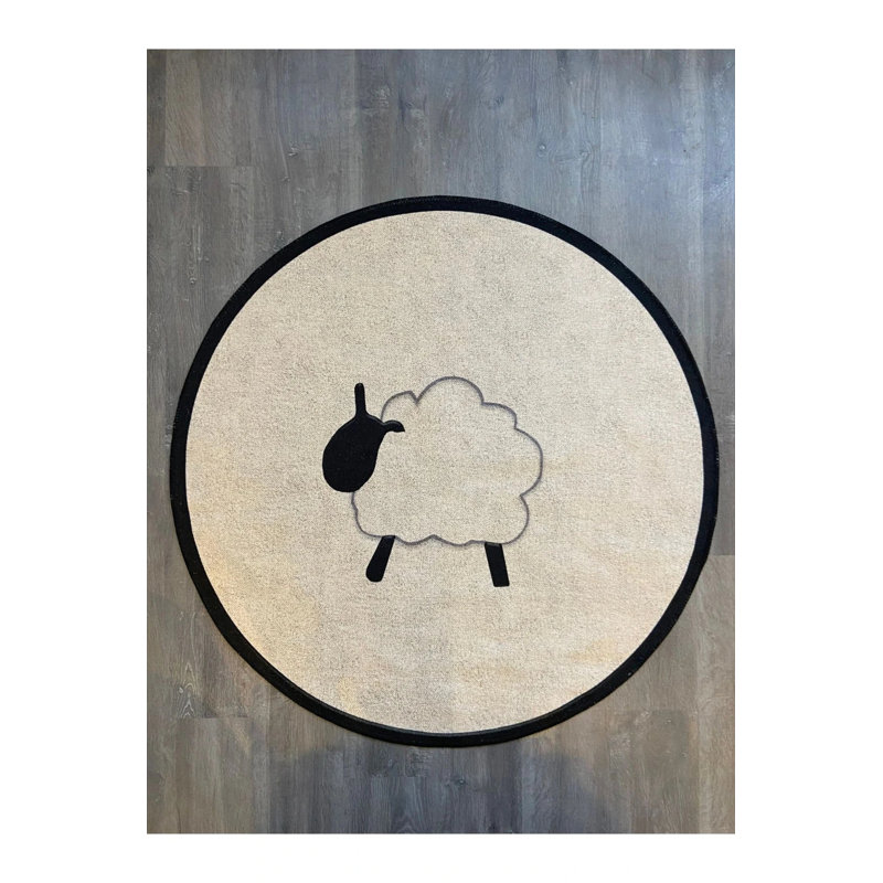 Sheep Figured Minimalist Pattern Round Black Beige Carpet, Round 5'