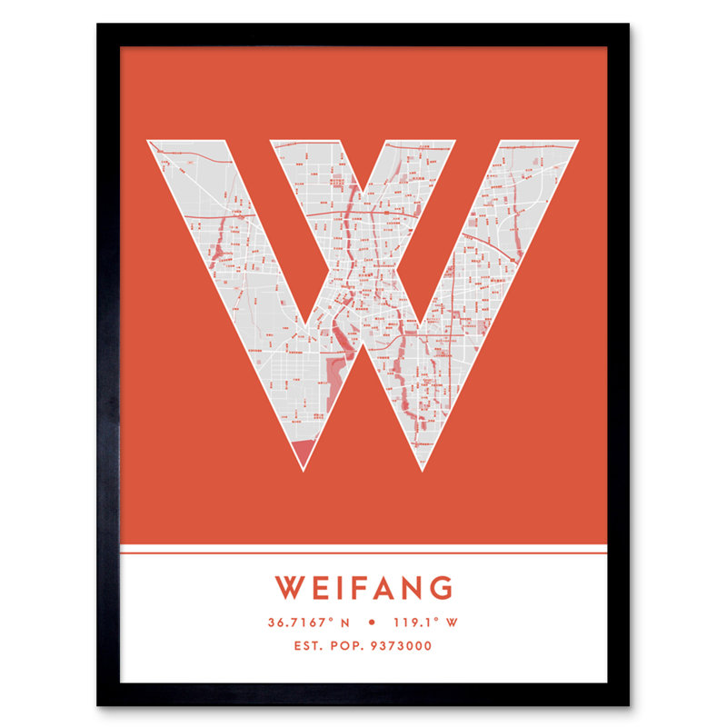 Weifang City Map Weifang Orange by Wee Blue Coo - Single Picture Frame Typography