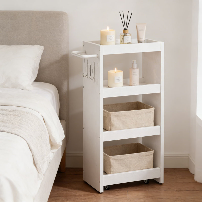 Chariot de rangement roulant à 4 niveaux avec roulettes verrouillables et crochets - Organisateur mobile peu encombrant pour la cuisine, la salle de bain et les petits espaces