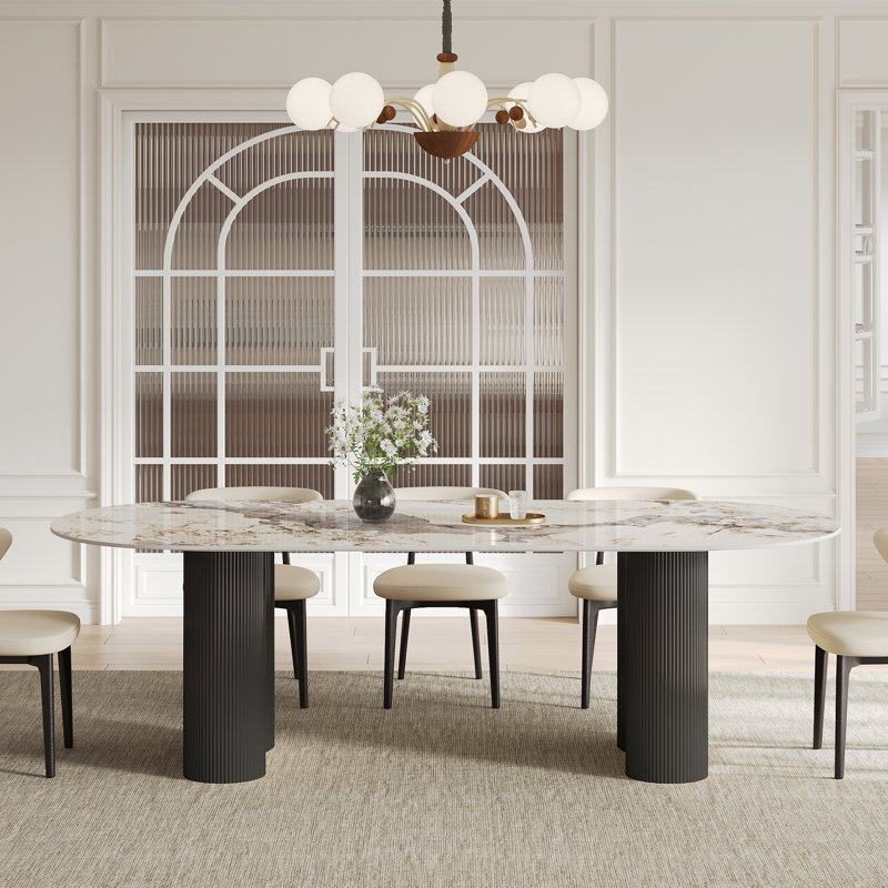 Table de salle à manger 78 "de luxe en faux marbre 6-8 personnes, double colonne romaine avec pieds noirs et table de cuisine minimaliste moderne pour le salon