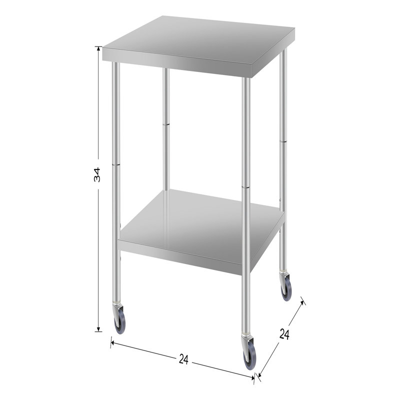 Table de préparation commerciale pour la cuisine et la cuisine en acier inoxydable avec tablette et roulettes