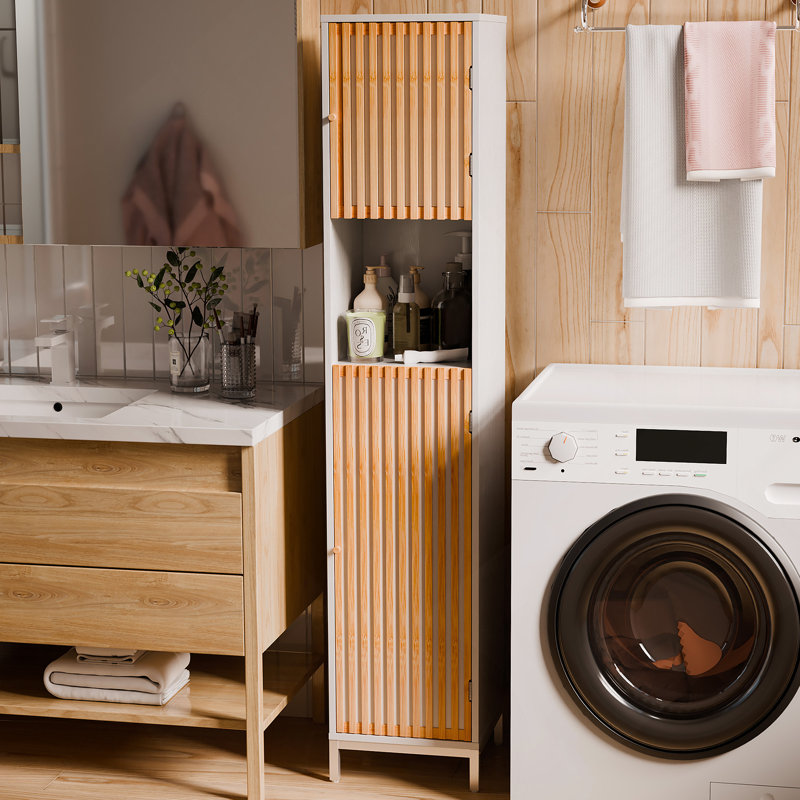 Bathroom Tall Storage Cabinet With Bamboo Slats Door - Natural/White