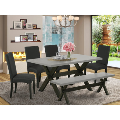 6 Piece Dining Set Contains a Rectangle Dining Room Table with X-Legs and 4 Black Color Linen Fabric Parson Chairs with a Bench, Wire brushed Black