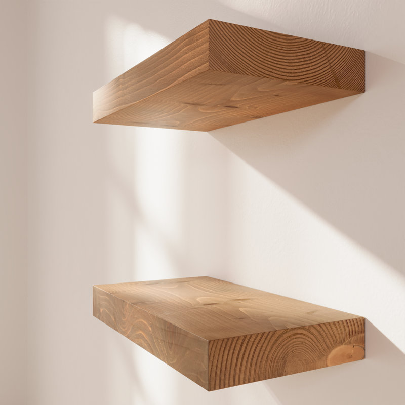 Solid Wood Floating Shelves, Wooden Shelves for Wall Storage, 1.5" H x 16" W x 6.7" D, Gold Oak