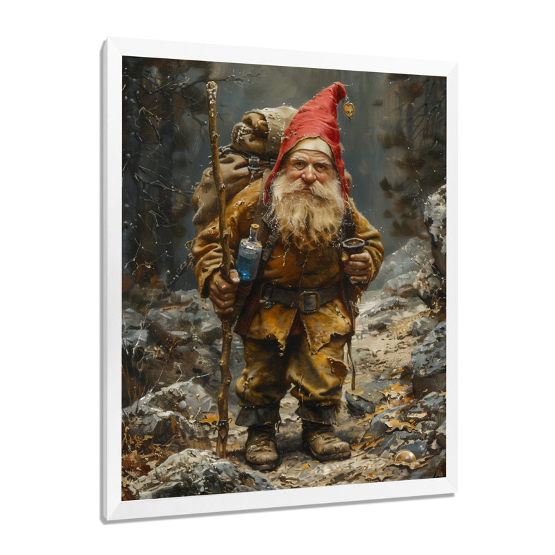 «Red Yellow Autumn Gnome Voyager», impression d'art mural gnome, Cadre photo blanc simple, bois massif, H 30 po x l 40 po
