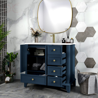 Ensemble de meuble-lavabo moderne 35,6 po avec surface peinte, meuble-lavabo sur pied autoportant de style Mid-Century avec rangement, meuble-lavabo haut de gamme avec tiroirs et poignées en métal