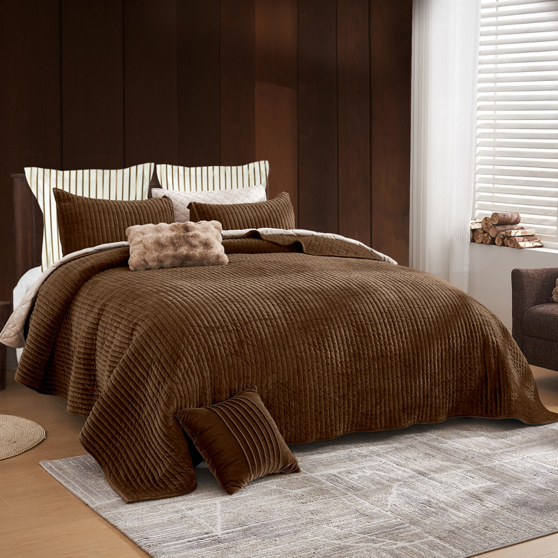 Cocoa Brown Velvet King Quilt Set with Striped Stitching