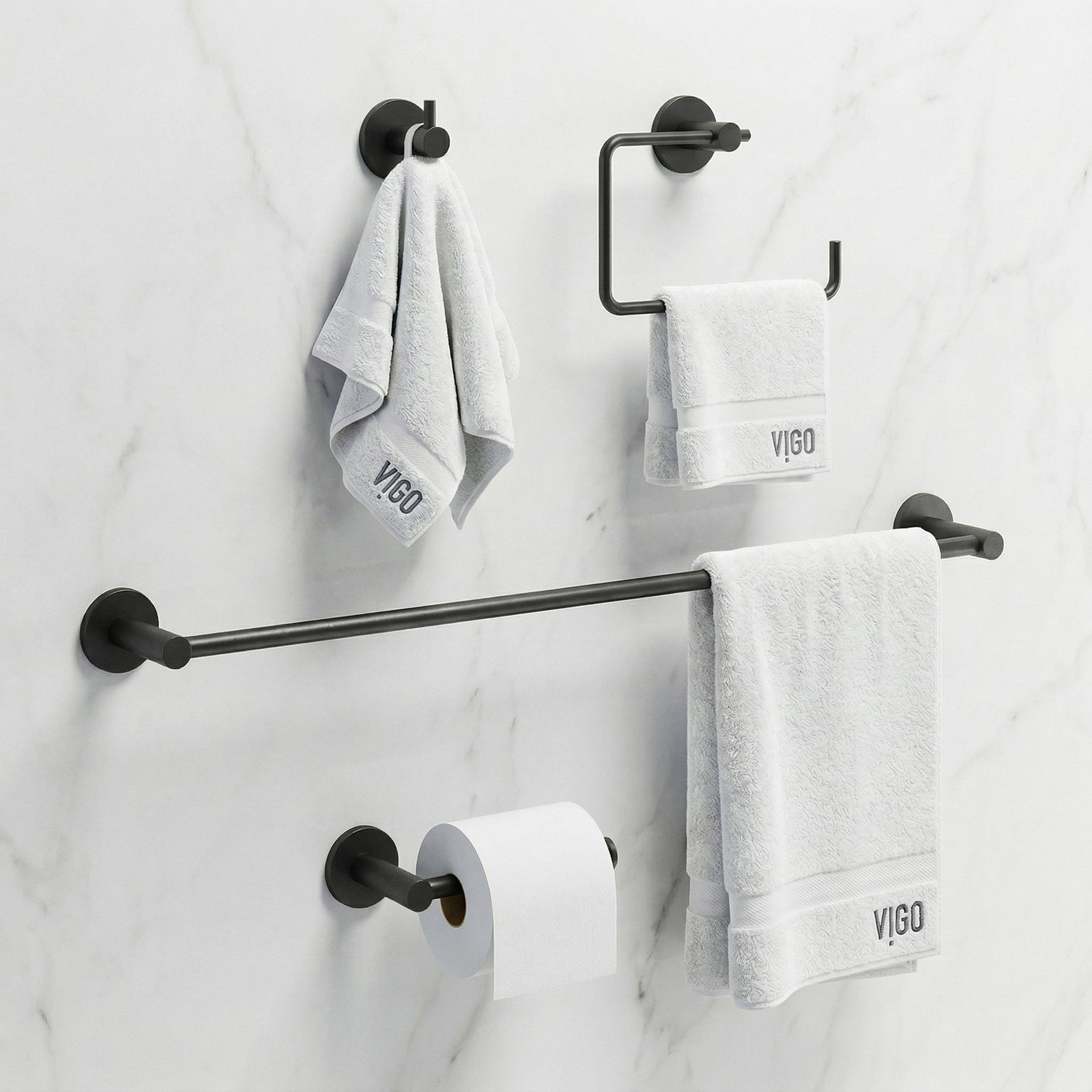VIGO Cass 4-Piece Matte Black Bathroom Hardware Set with 24-in Towel Bar, Toilet Paper Holder, Hand Towel Holder and Hook
