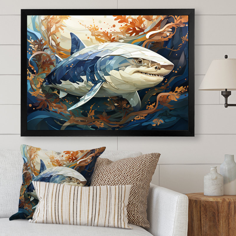 " Gray Orange Shark Harmony ", 34" H x 44" W x 1.5" D, Black Picture Framed