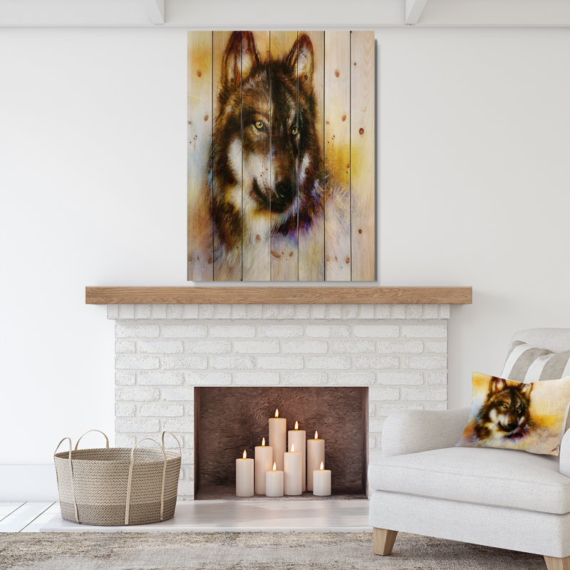 « brown loup illustration », peinture en brun/jaune, H 46 po x l 36 po x P 1,5 po, Bois
