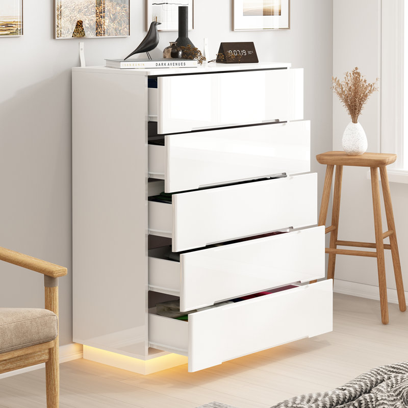 Commode 5 tiroirs Diley, Blanc