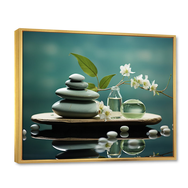 Grey Green Meditation Abstract Serenity III - Modern Canvas Art Print, H 34 po x l 44 po, Cadre flottant doré