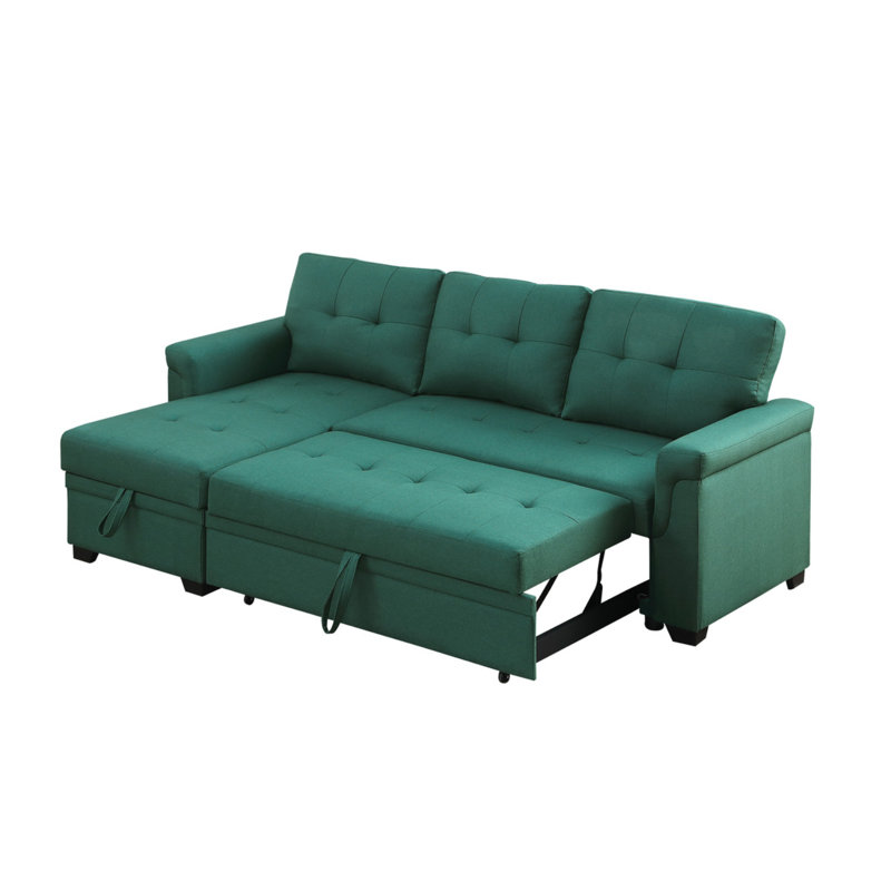 Lucca 84"W Green Linen Reversible Sleeper Sectional Sofa With Storage Chaise, Green Linen