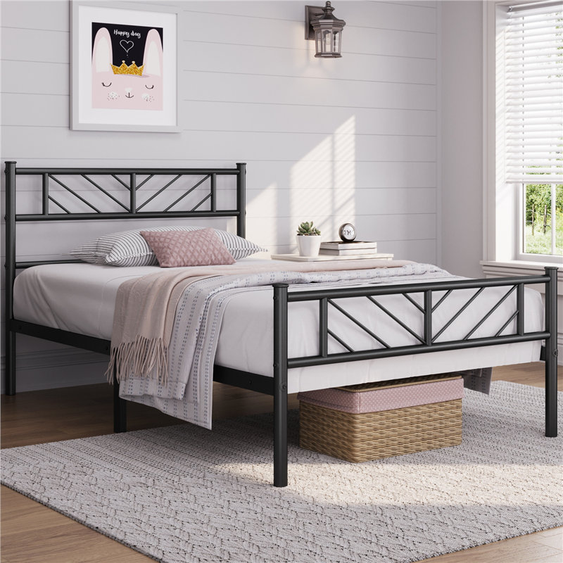 Minimalist Metal Slatted Bed Platform with Arrow Design Headboard, Black, Single (3')