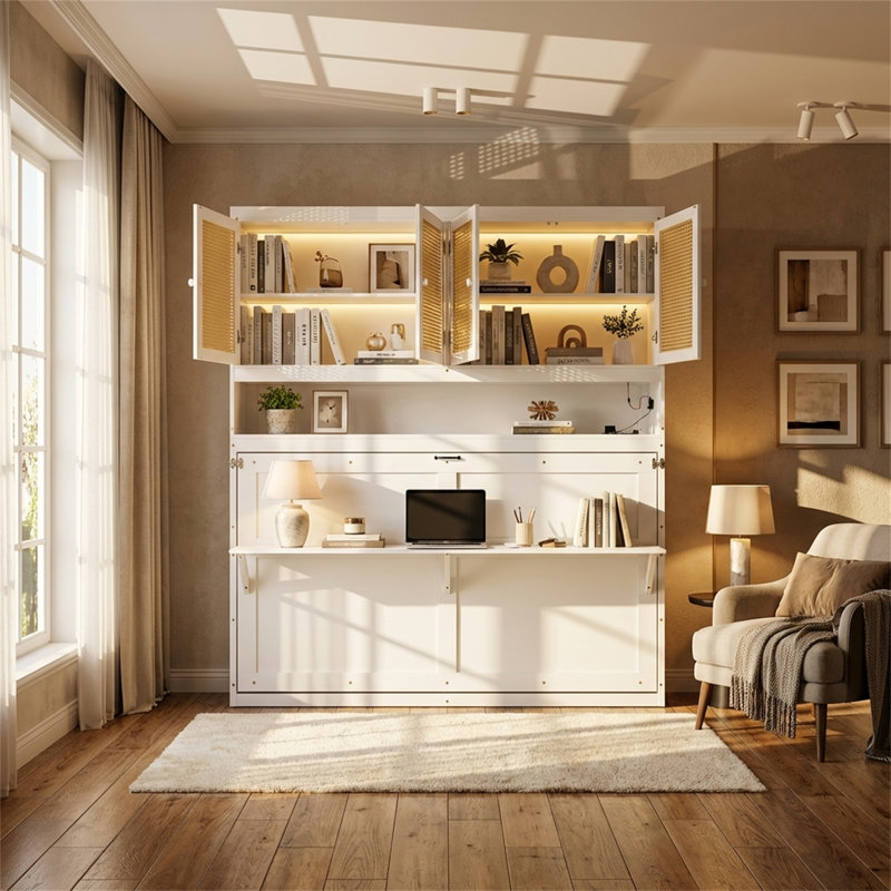Lit escamotable simple, cadre de lit de chambre à coucher avec armoire supérieure, éclairage et ports USB, conception pliable et peu encombrante, style minimaliste moderne, blanc