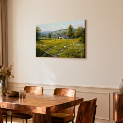Tableau sur toile tendue représentant un paysage champêtre, idéal pour décorer un salon ou une chambre.