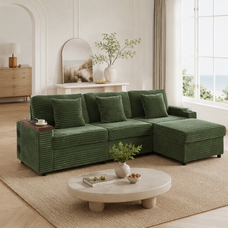 Canapé modulaire surdimensionné surdimensionné, canapé en velours côtelé avec porte-gobelets, port USB, espace de rangement et haut-parleur Bluetooth pour le salon et la chambre à coucher