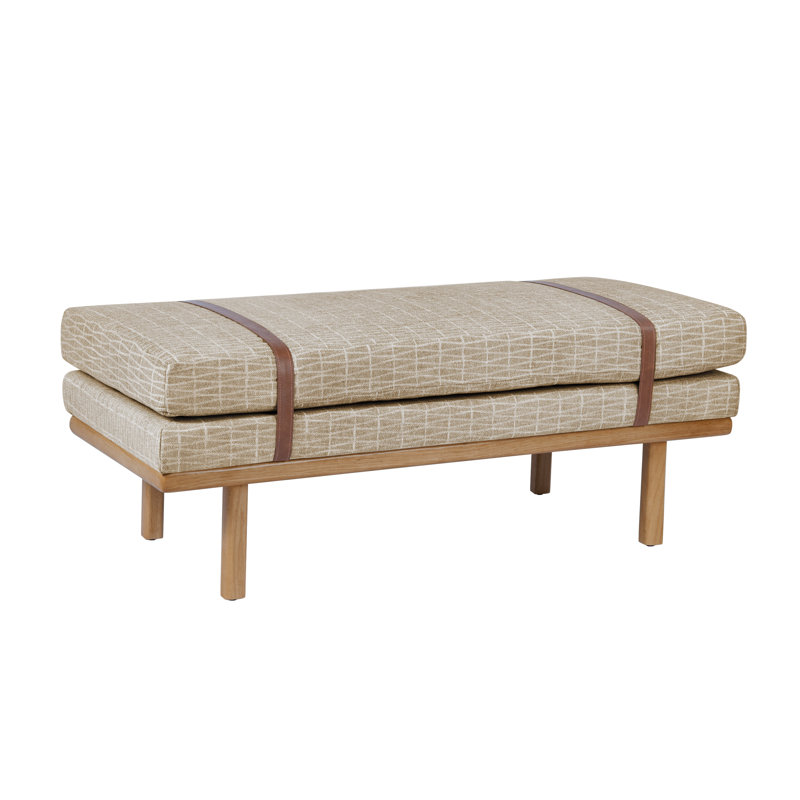 Banc rembourré Azayvion avec base en bois, Motif géométrique brun clair
