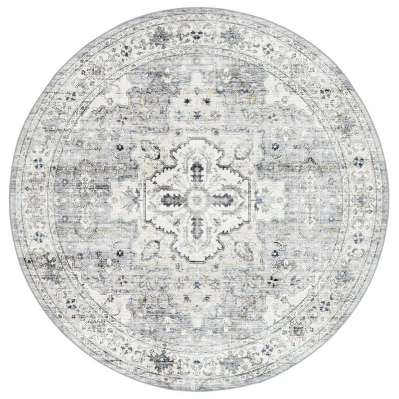 Lonon Oriental Machine Woven Polyester Area Rug in Light Gray/Beige, Round 4"