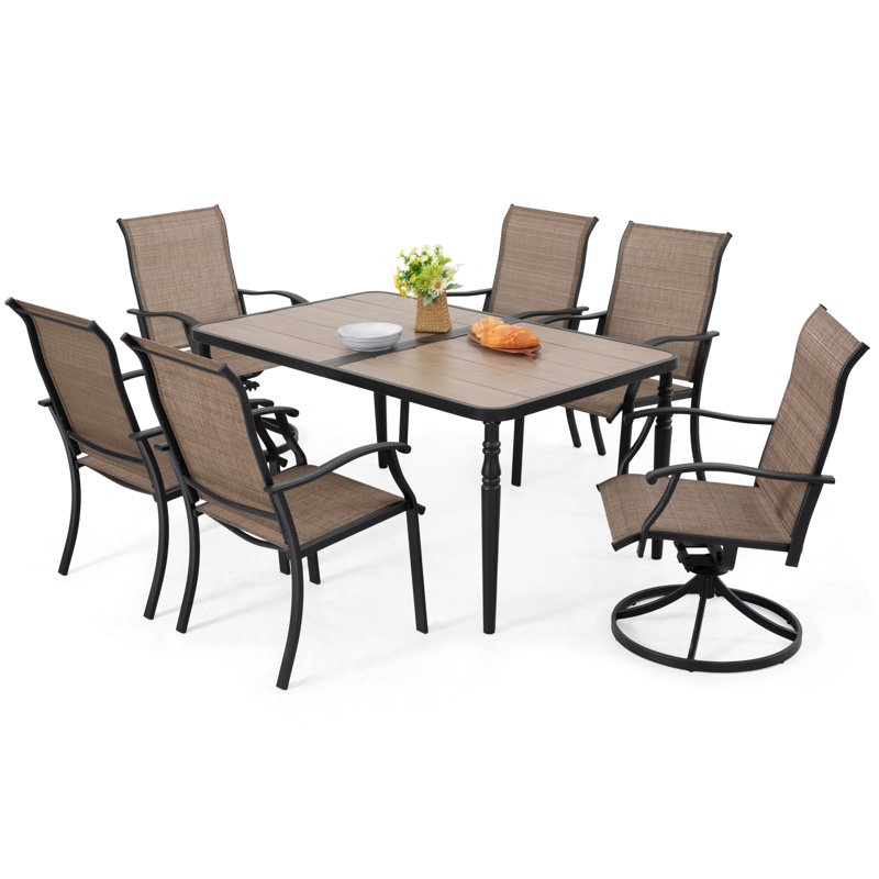 Patio 7 Pieces PVC-coated polyester Dining Set With Swivel Design, Umbrella Hole, Brown