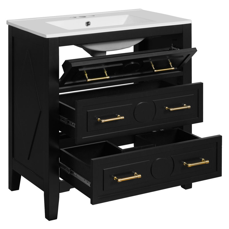 Meuble-lavabo de 30 po avec lavabo en céramique, 3 tiroirs, structure en bois massif, charnières réglables à fermeture douce, conception classique, solution de rangement polyvalente simple, espace généreux