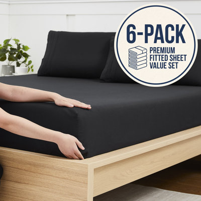 6PK Bottom Fitted Sheets Brushed Microfiber Bottom Sheets with Built in Sheet Straps, Queen (Set of 6)