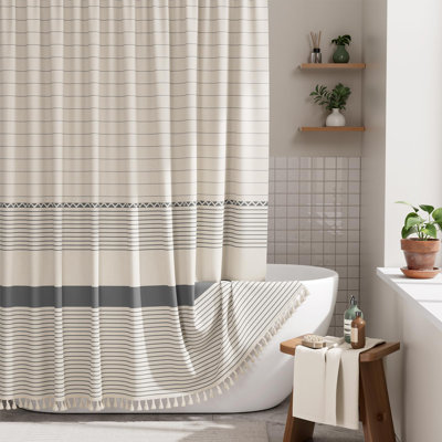 Boho Shower Curtain Set, Grey Shower Curtain With Tassels, Rustic Faux Linen Gray Striped Modern Farmhouse Shower Curtain With Hooks, Light Tan Toned, 72X72 Inches
