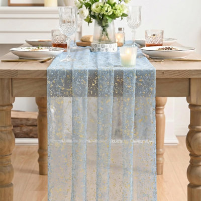 6PC Gold Gauze Light Blue Table Runner 120 Inch 10FT, Glitter Metallic Foil Sheer Dining Wedding Anniversary Holiday Birthday Table Decor for Home Party