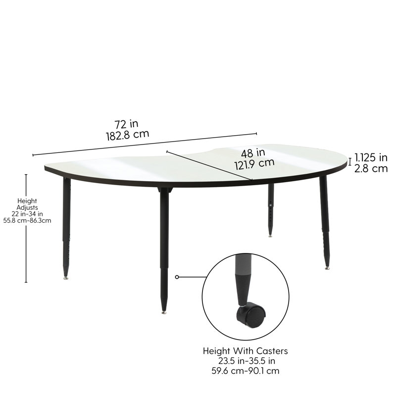 Table d'activité Adapte 48 x 72 Kidney effaçable à sec avec pieds fuselés réglables - tableau blanc / mer du Nord, Noir