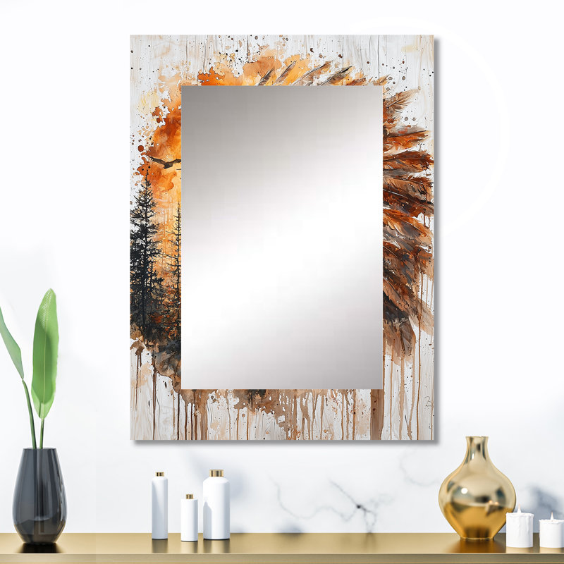 Native American Warrior Energy of Forest II - grand miroir mural Native American Warrior, miroir décoratif brun, impression sur métal