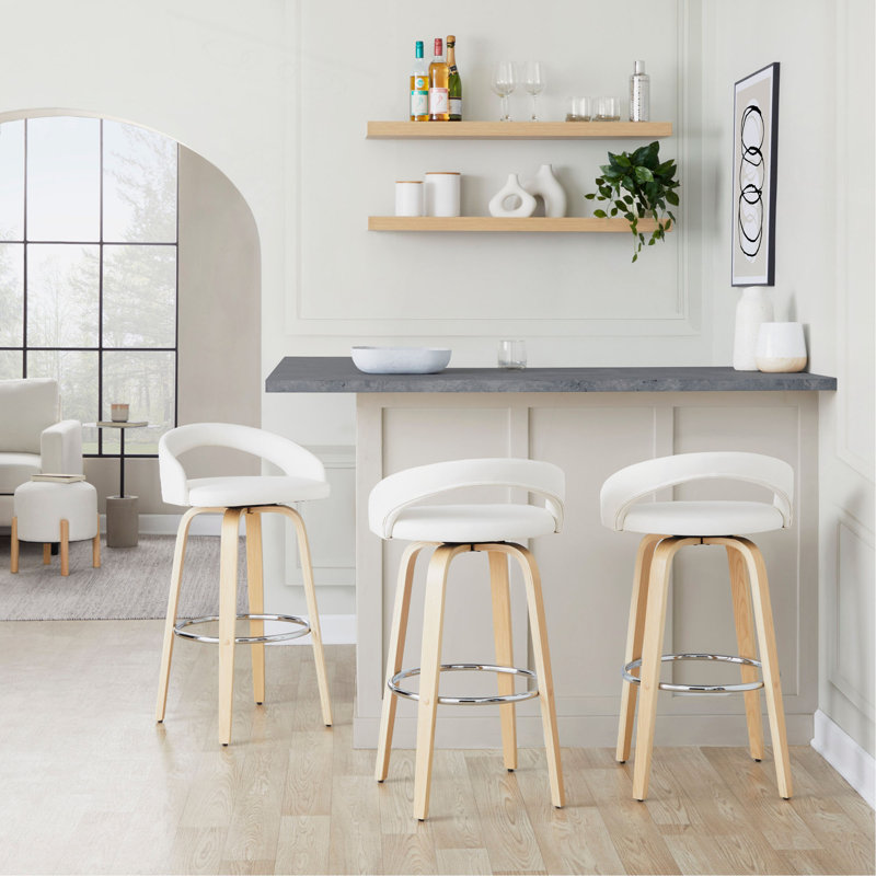 Tabouret de bar à hauteur fixe avec pivot en bois et velours blanc avec repose-pieds rond en métal - ensemble de 2, Naturel