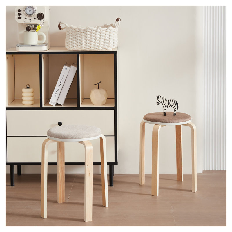 Ensemble de 4 tabourets empilables en bois cintré - Chaises de salle à manger rondes en bois massif avec coussin gris clair pour la cuisine et la salle de classe