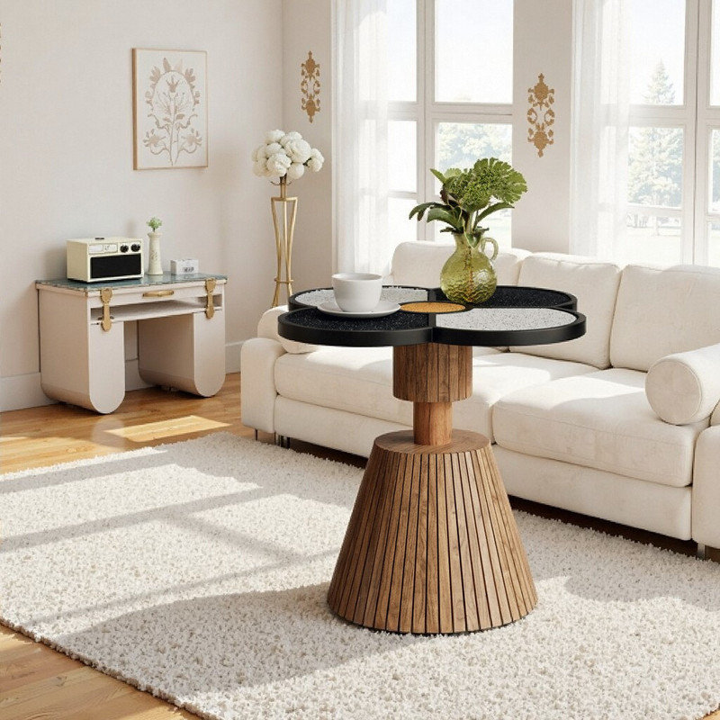 Compact Four-Leaf Clover Shape Accent Side Table With Textured Surface And Wood-Grain Base