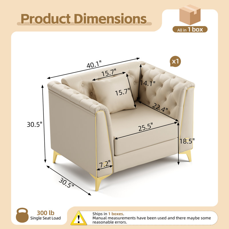 Canapé Chesterfield modulaire 40,2 "ou fauteuil d'appoint, capitonné à la main, Beige