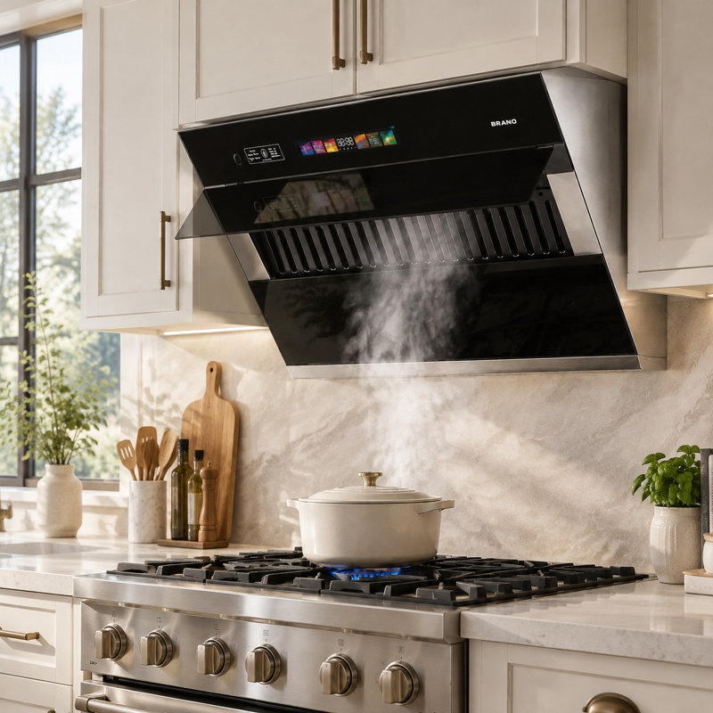 Hotte de cuisine BRANO 30 po, 900 pi³/min, convertible, en acier inoxydable, avec commandes vocales, gestuelles et tactiles, ventilateur à 4 vitesses, éclairage DEL et fonction mémoire.