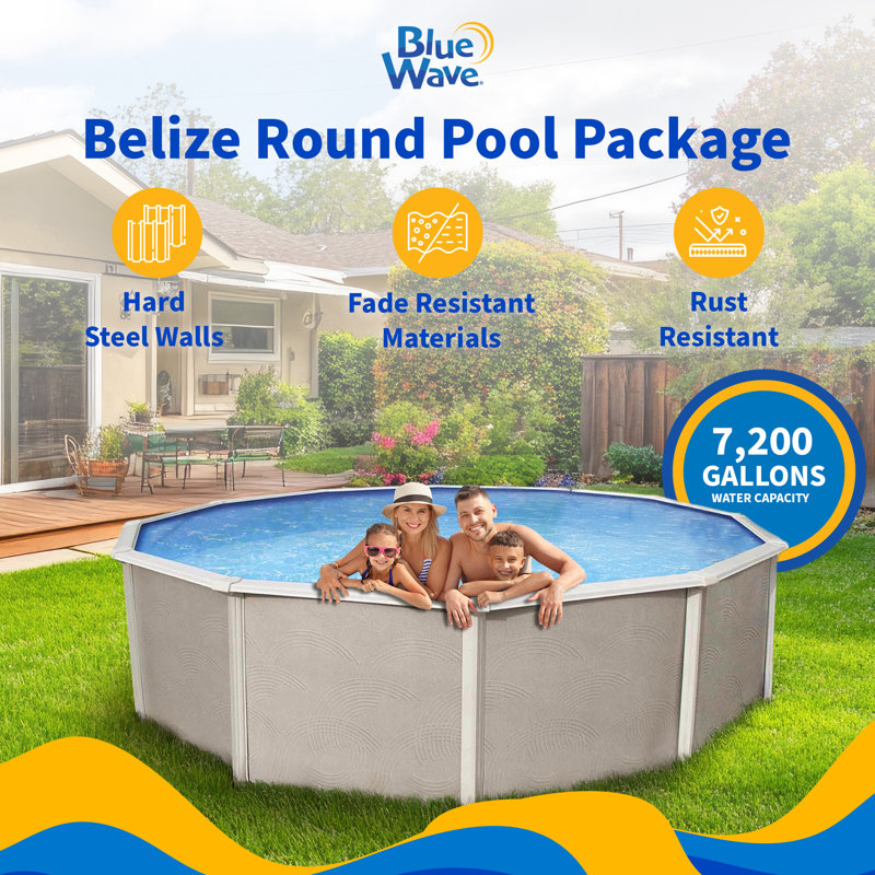 Blue Wave Belize 18-ft Round 52-In Deep Above Ground Swimming Pool – With Steel Top Rails, Sand Filter, Skimmer, Overlap Liner, A-Frame Ladder & Maintenance Kit – Complete Outdoor Pool Accessories