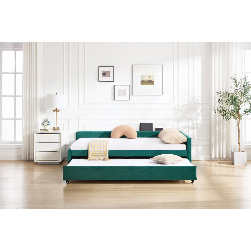 Upholstered Daybed With Trundle,Sturdy Wooden Bed Frame, Diamond Grid Design,For Bedroom, Guest Room, Emerald