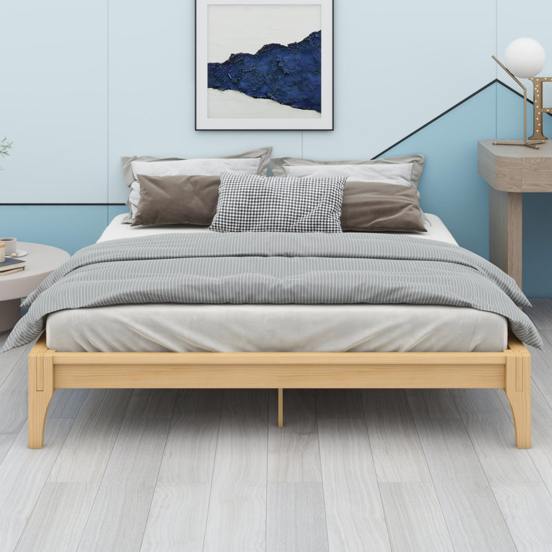 Base de lit plateforme en bois avec support en lattes de bois, Naturel