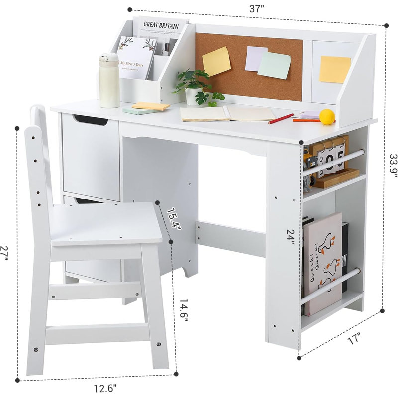 Kids Study Desk and Chair Set with Storage, Bookshelf & Bulletin Board, White