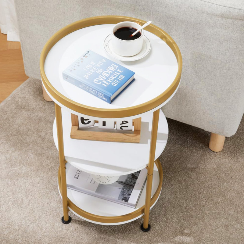 White and Gold Round End Table with 3 Shelves
